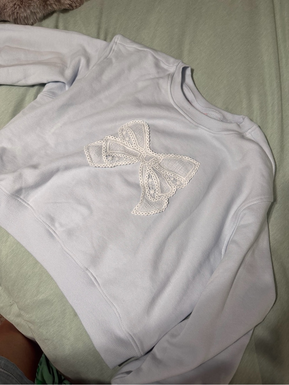 Love Shack Light Blue Lace Bow Cropped Sweatshirt